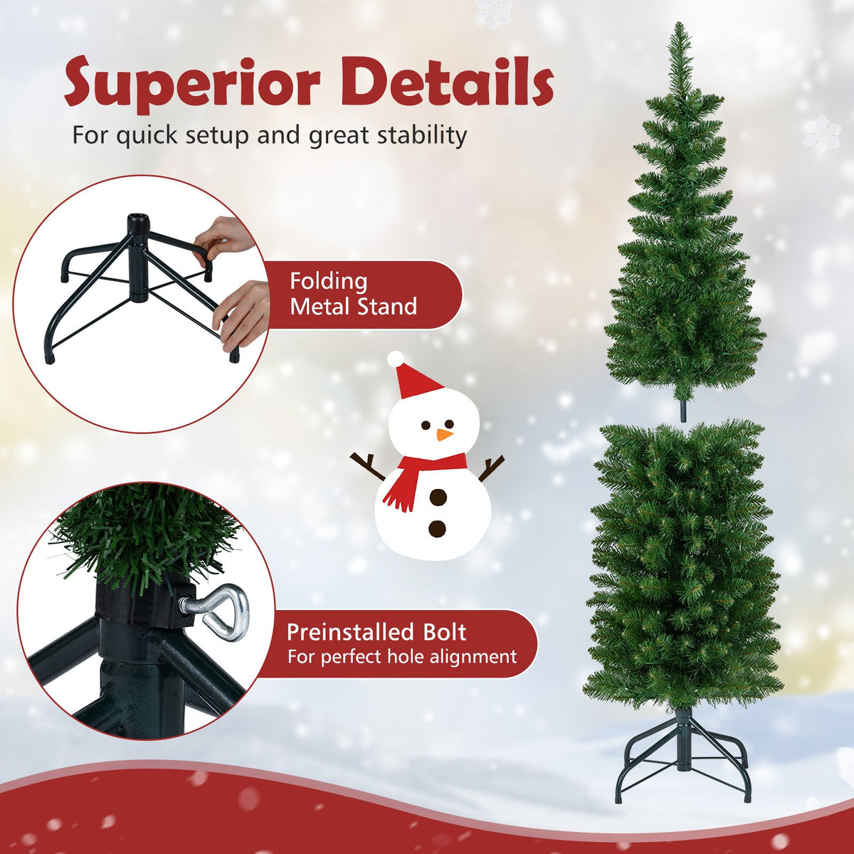 5/6/7/8/9 Feet Pre-lit Pencil Artificial Christmas Tree with 150/180/200//300/400 Warm White LED Lights-5 ft view 8