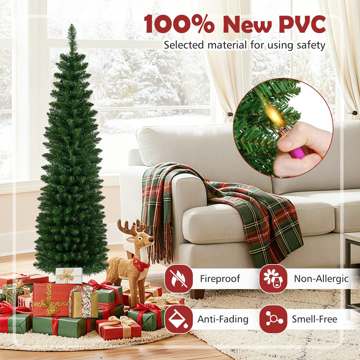 5/6/7/8/9 Feet Pre-lit Pencil Artificial Christmas Tree with 150/180/200//300/400 Warm White LED Lights-5 ft view 9