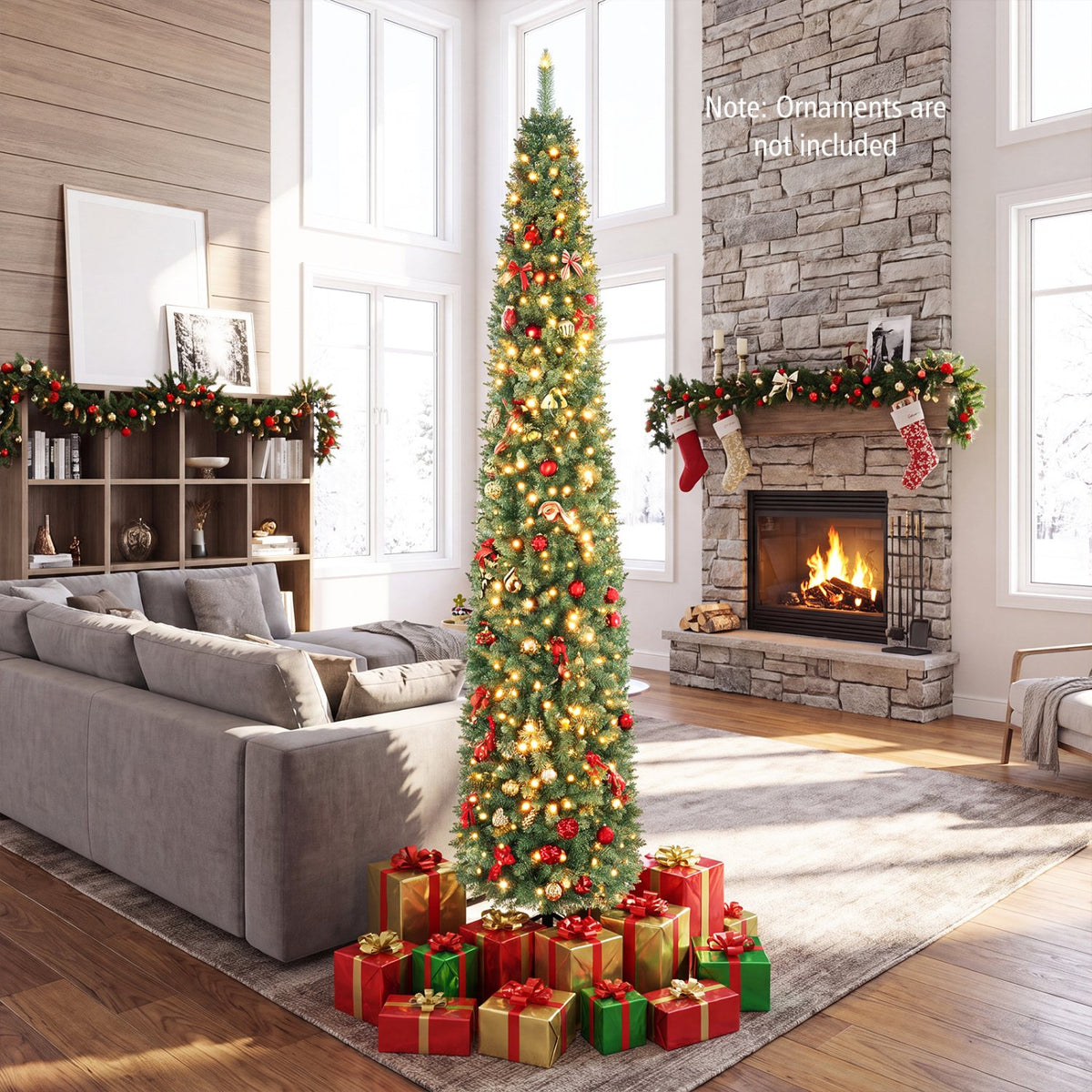 5/6/7/8/9 Feet Pre-lit Pencil Artificial Christmas Tree with 150/180/200//300/400 Warm White LED Lights-9 ft view 2