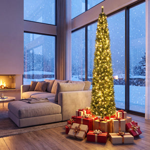 5/6/7/8/9 Feet Pre-lit Pencil Artificial Christmas Tree with 150/180/200//300/400 Warm White LED Lights-9 ft view 3