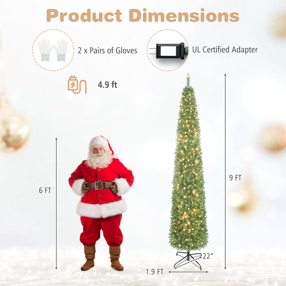 5/6/7/8/9 Feet Pre-lit Pencil Artificial Christmas Tree with 150/180/200//300/400 Warm White LED Lights-9 ft view 4