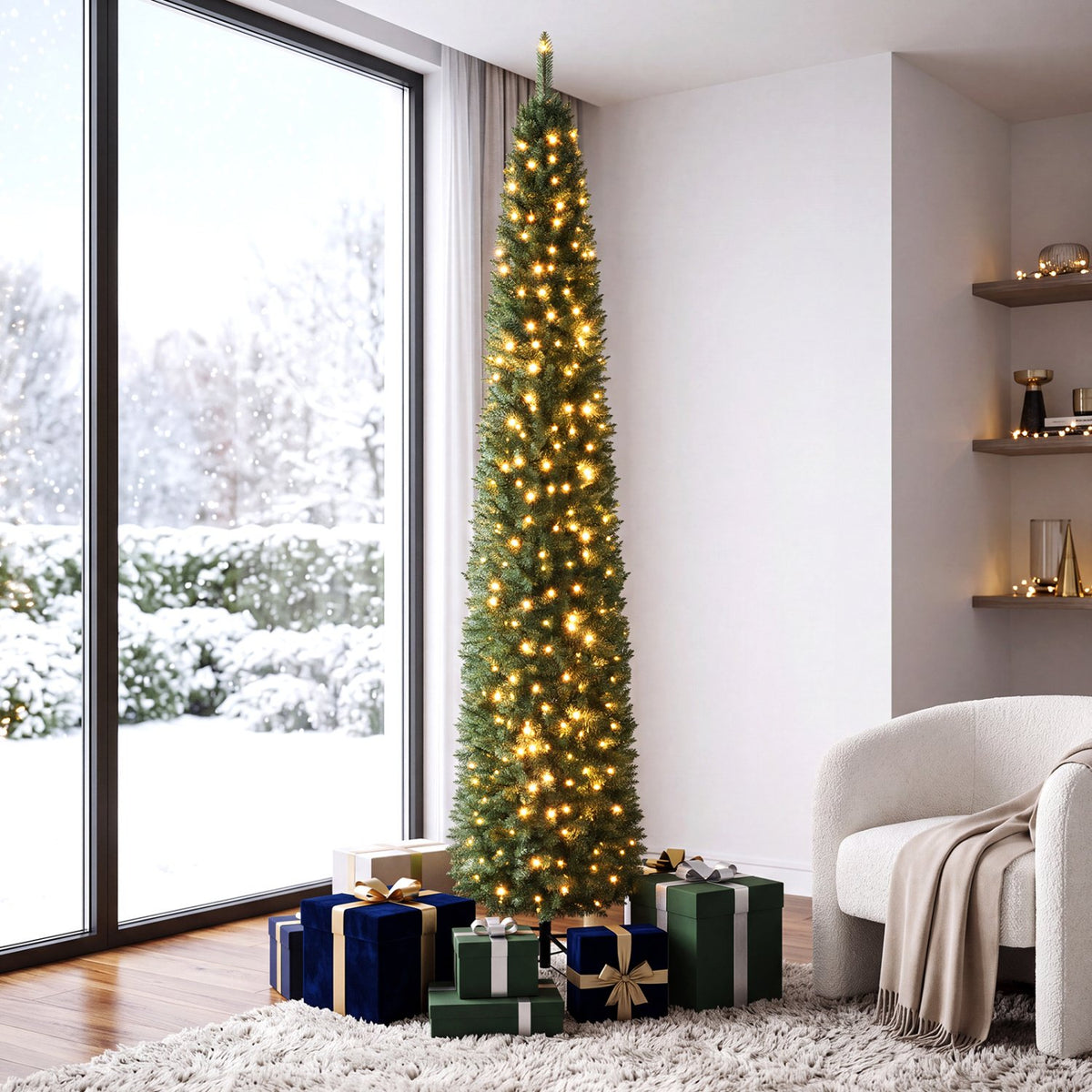 5/6/7/8/9 Feet Pre-lit Pencil Artificial Christmas Tree with 150/180/200//300/400 Warm White LED Lights-9 ft view 6