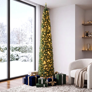 5/6/7/8/9 Feet Pre-lit Pencil Artificial Christmas Tree with 150/180/200//300/400 Warm White LED Lights-9 ft view 6