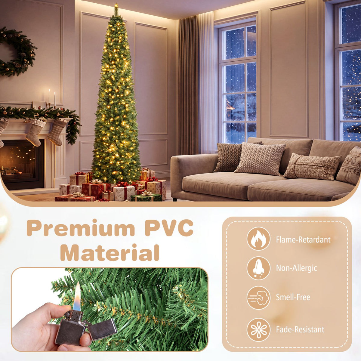 5/6/7/8/9 Feet Pre-lit Pencil Artificial Christmas Tree with 150/180/200//300/400 Warm White LED Lights-9 ft view 8