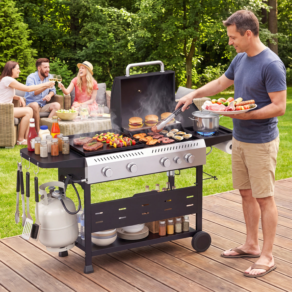 5-Burner Propane Gas Grill and Griddle Combo with Side Burner-Black view 2