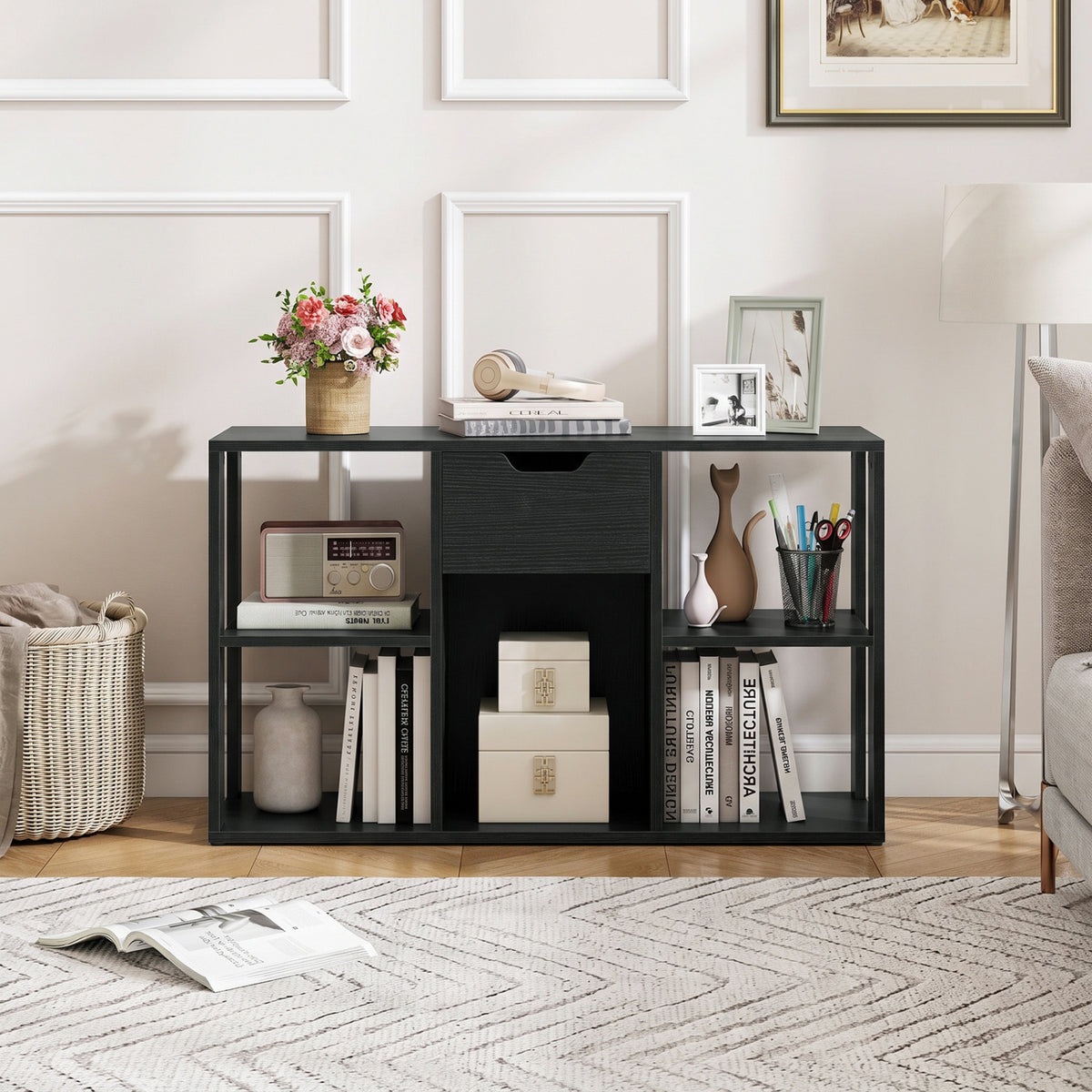 5-Cube Bookcase with Storage Drawer Freestanding Bookshelf Modern Display Rack-Black view 3
