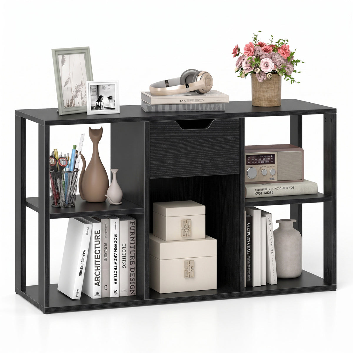5-Cube Bookcase with Storage Drawer Freestanding Bookshelf Modern Display Rack-Black view 4