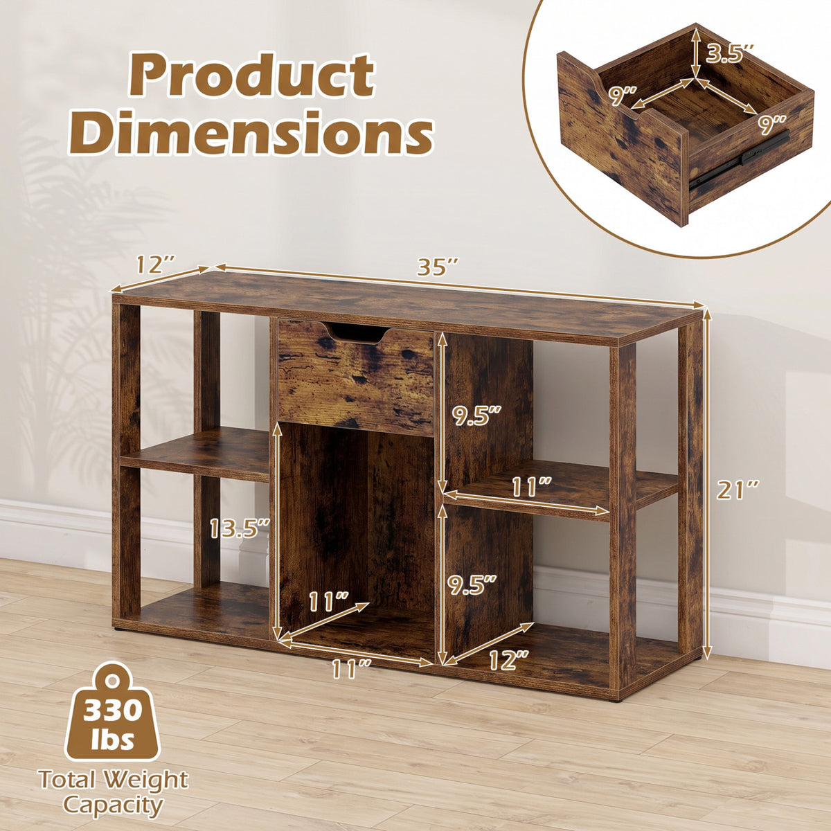 5-Cube Bookcase with Storage Drawer Freestanding Bookshelf Modern Display Rack-Rustic Brown view 5
