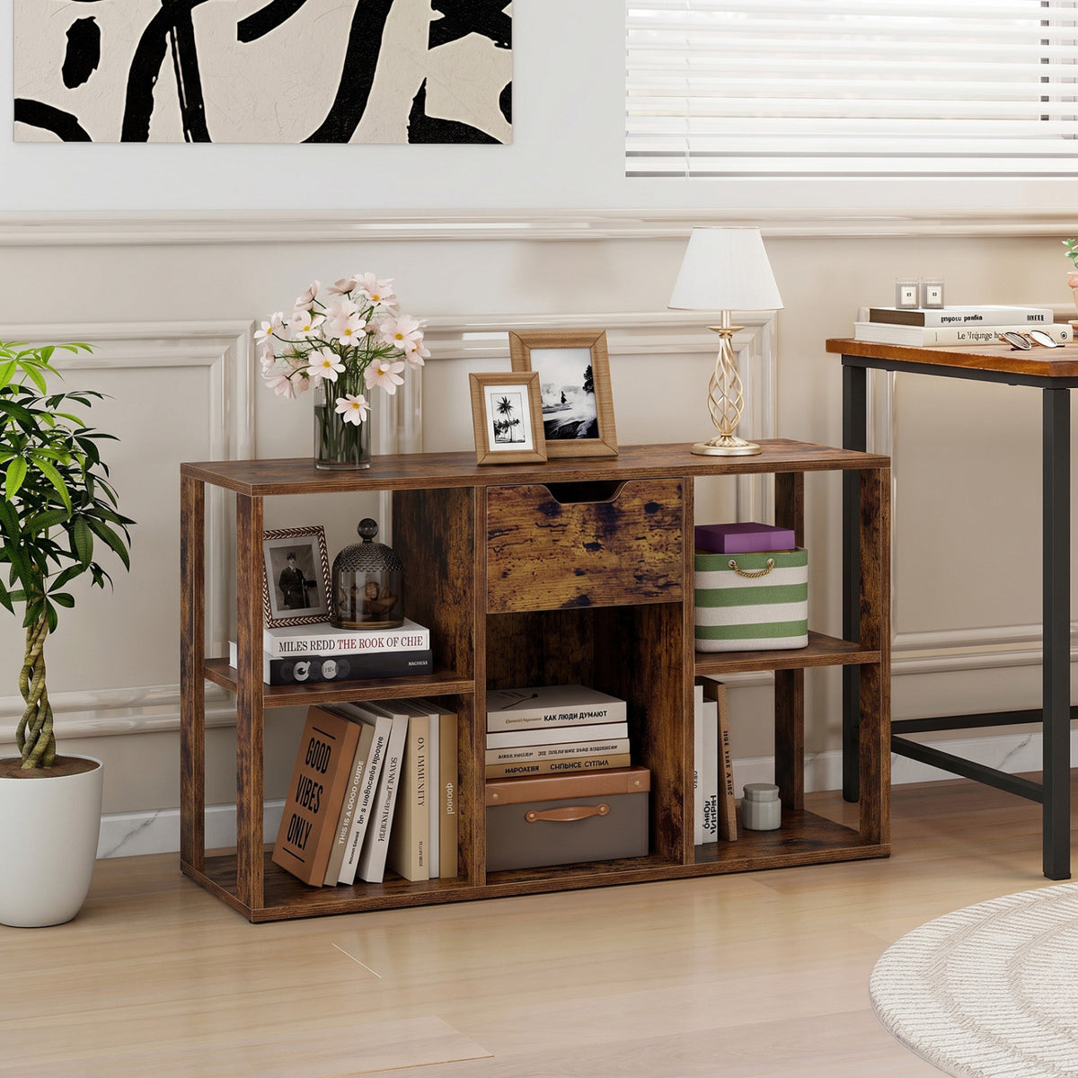 5-Cube Bookcase with Storage Drawer Freestanding Bookshelf Modern Display Rack-Rustic Brown view 6