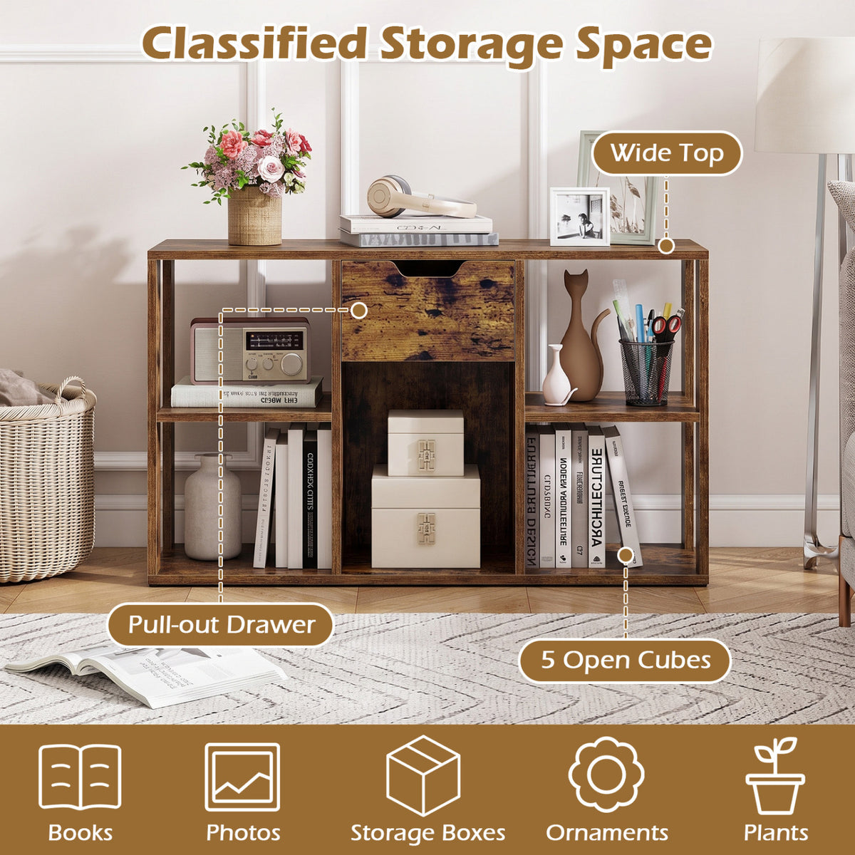 5-Cube Bookcase with Storage Drawer Freestanding Bookshelf Modern Display Rack-Rustic Brown view 9
