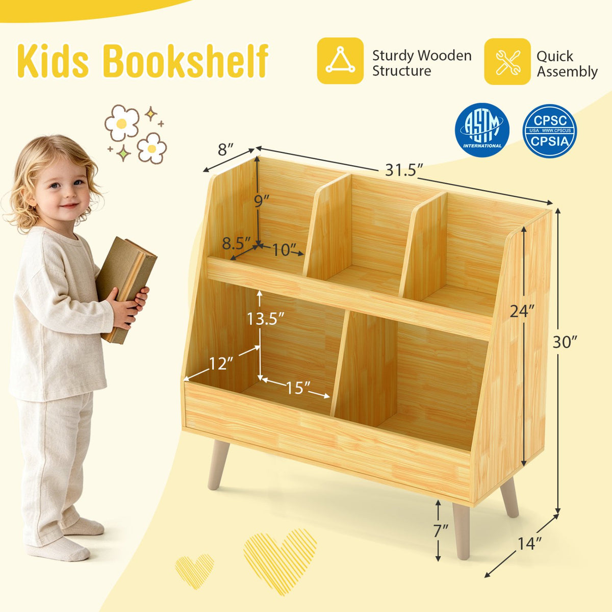 5-Cube Kids Bookshelf and Toy Organizer with Anti-Tipping Kits-Oak view 5
