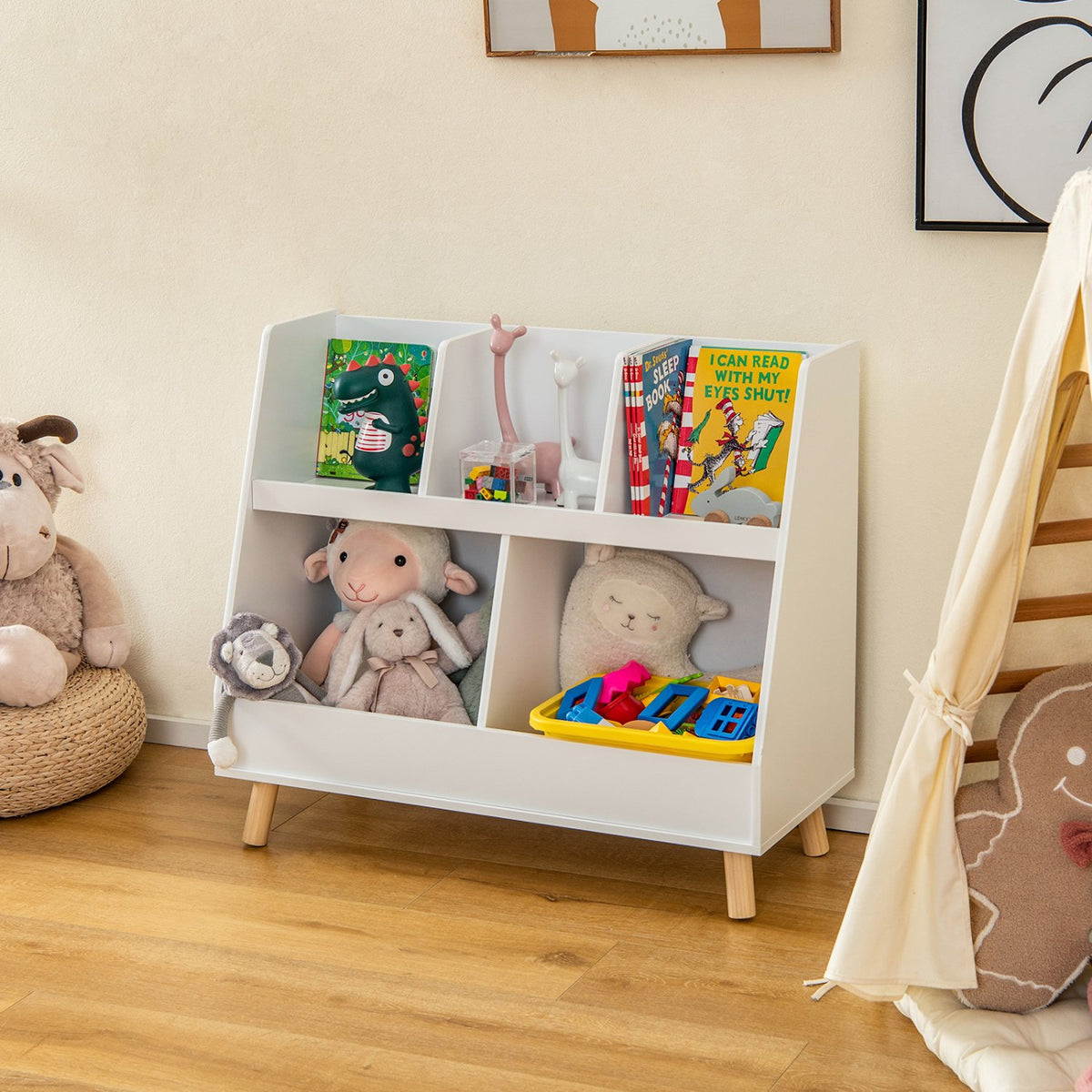 5-Cube Kids Bookshelf and Toy Organizer with Anti-Tipping Kits-White view 3