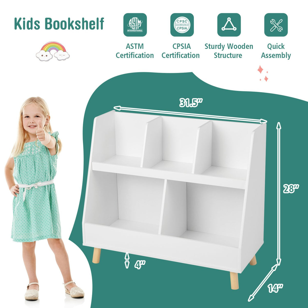 5-Cube Kids Bookshelf and Toy Organizer with Anti-Tipping Kits-White view 5