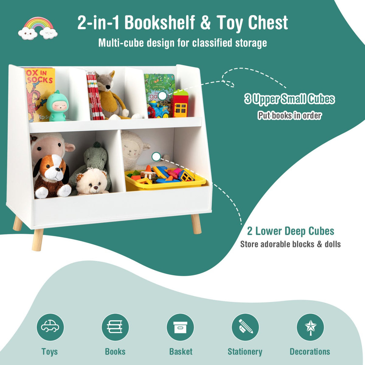 5-Cube Kids Bookshelf and Toy Organizer with Anti-Tipping Kits-White view 8