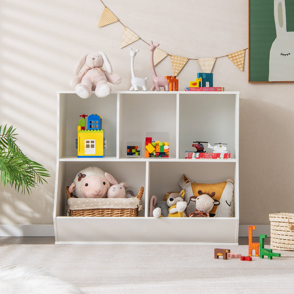 5-Cube Wooden Kids Toy Storage Organizer with Anti-Tipping Kits-White view 2