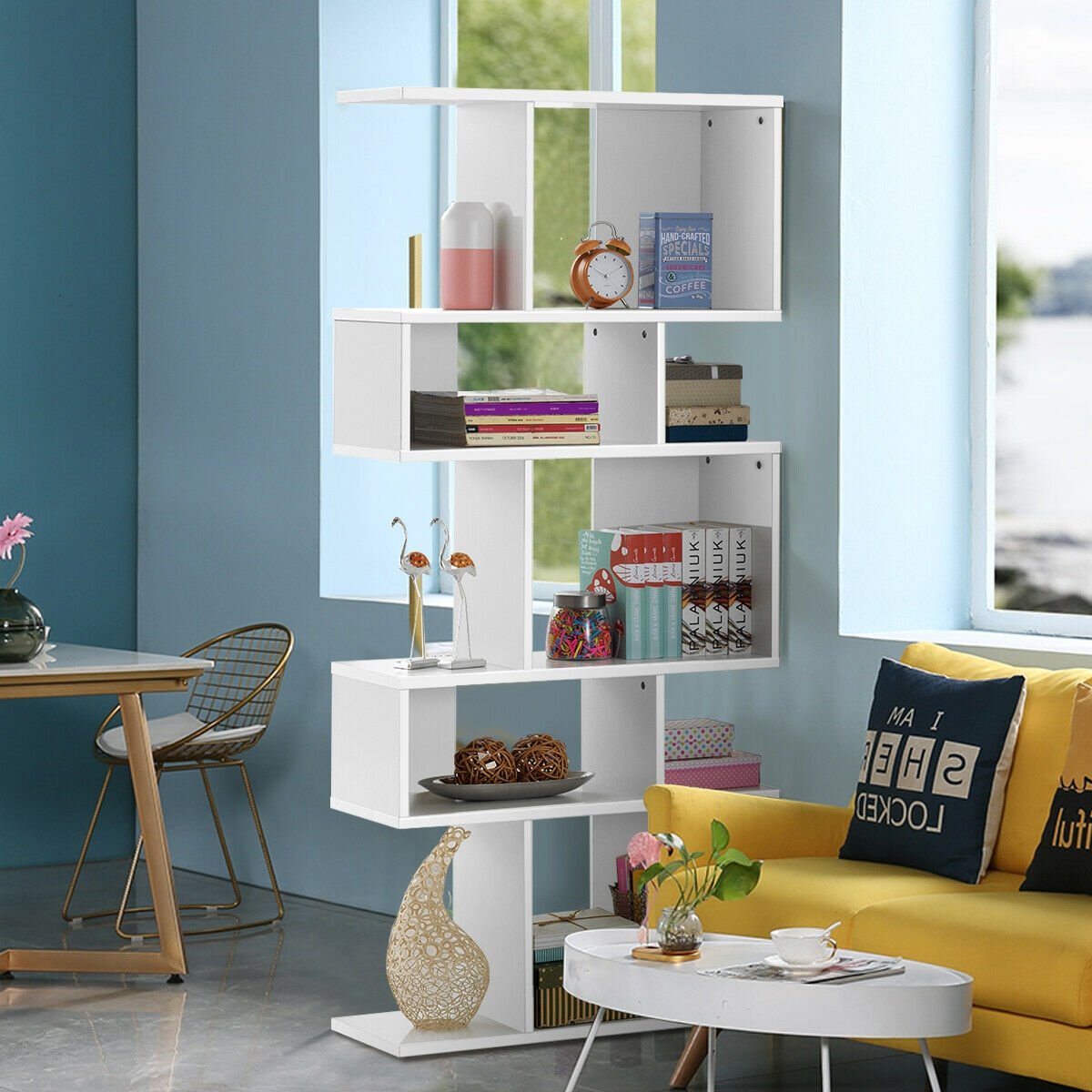 5 Cubes Ladder Shelf Corner Bookshelf Display Rack Bookcase-White view 2