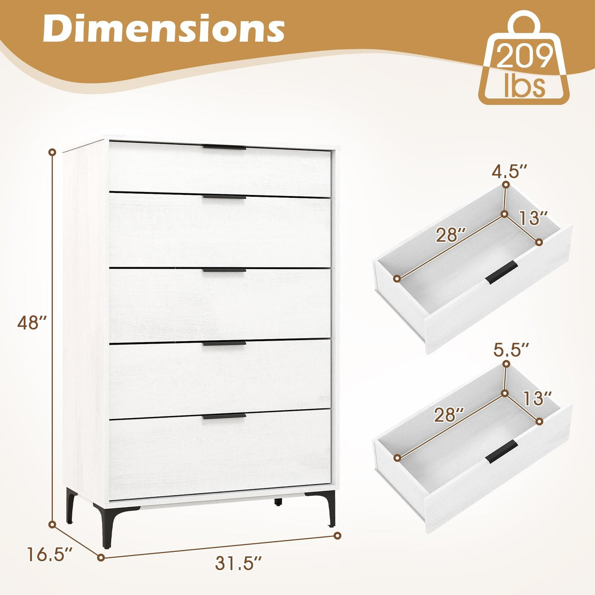 5-Drawer Dresser with Interlock System for Bedroom Living Room-White view 5