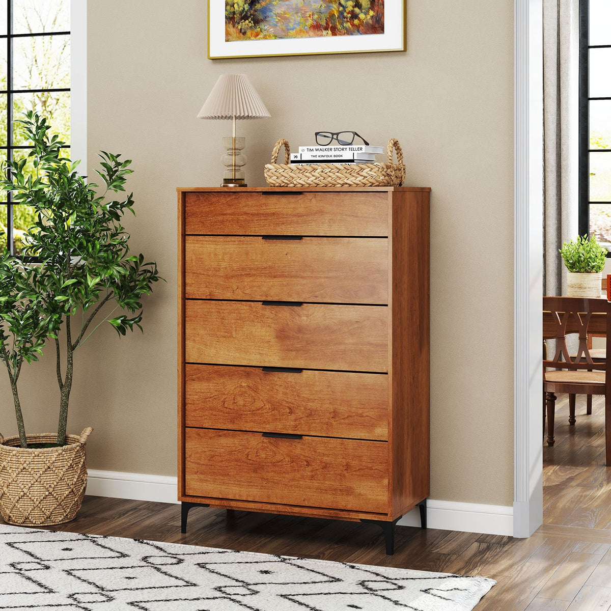 5-Drawer Dresser with Interlock System for Bedroom Living Room-Cherry view 2