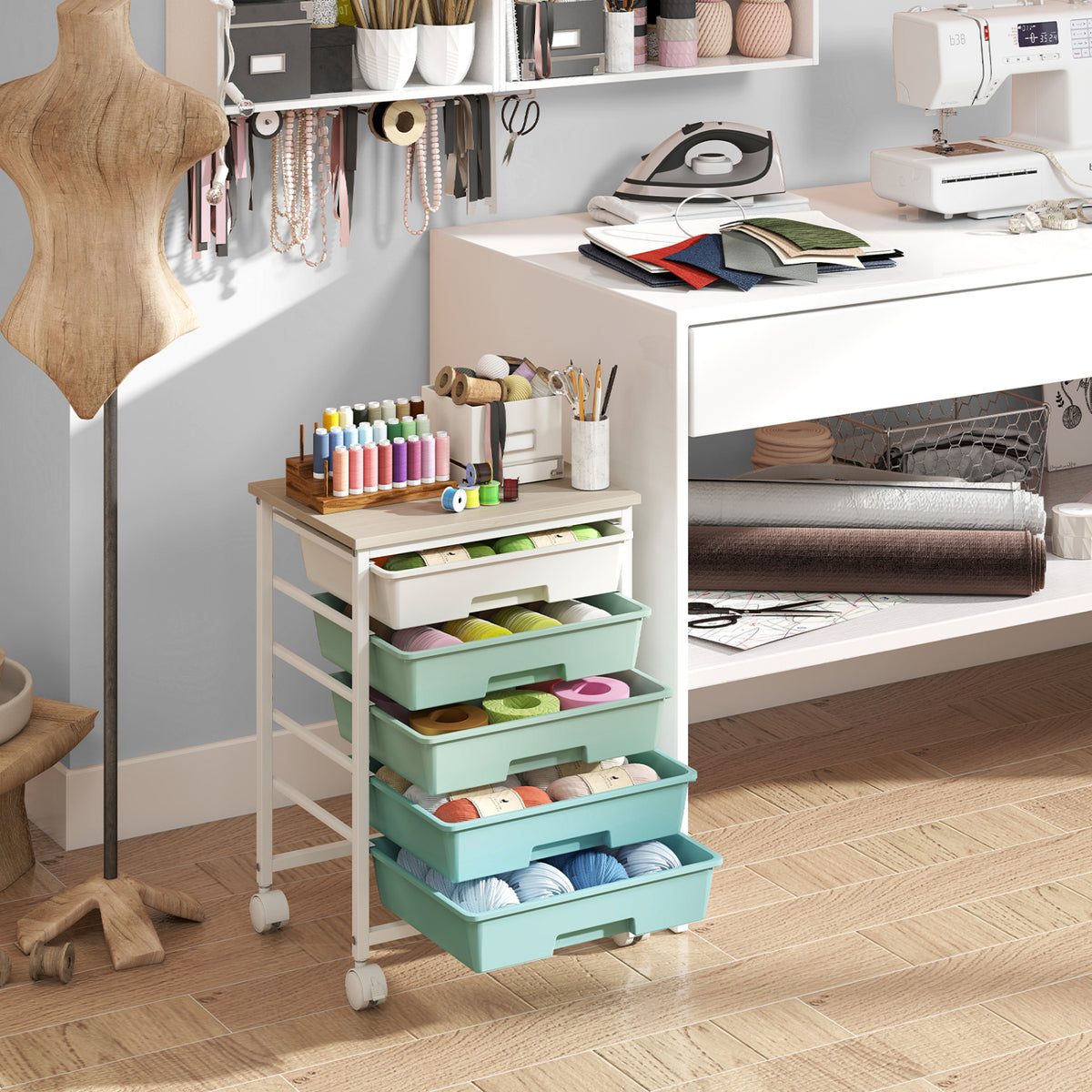 5-Drawer Rolling Cart with Wooden Tabletop and Metal Frame for Craft Room-Green Gradient view 3
