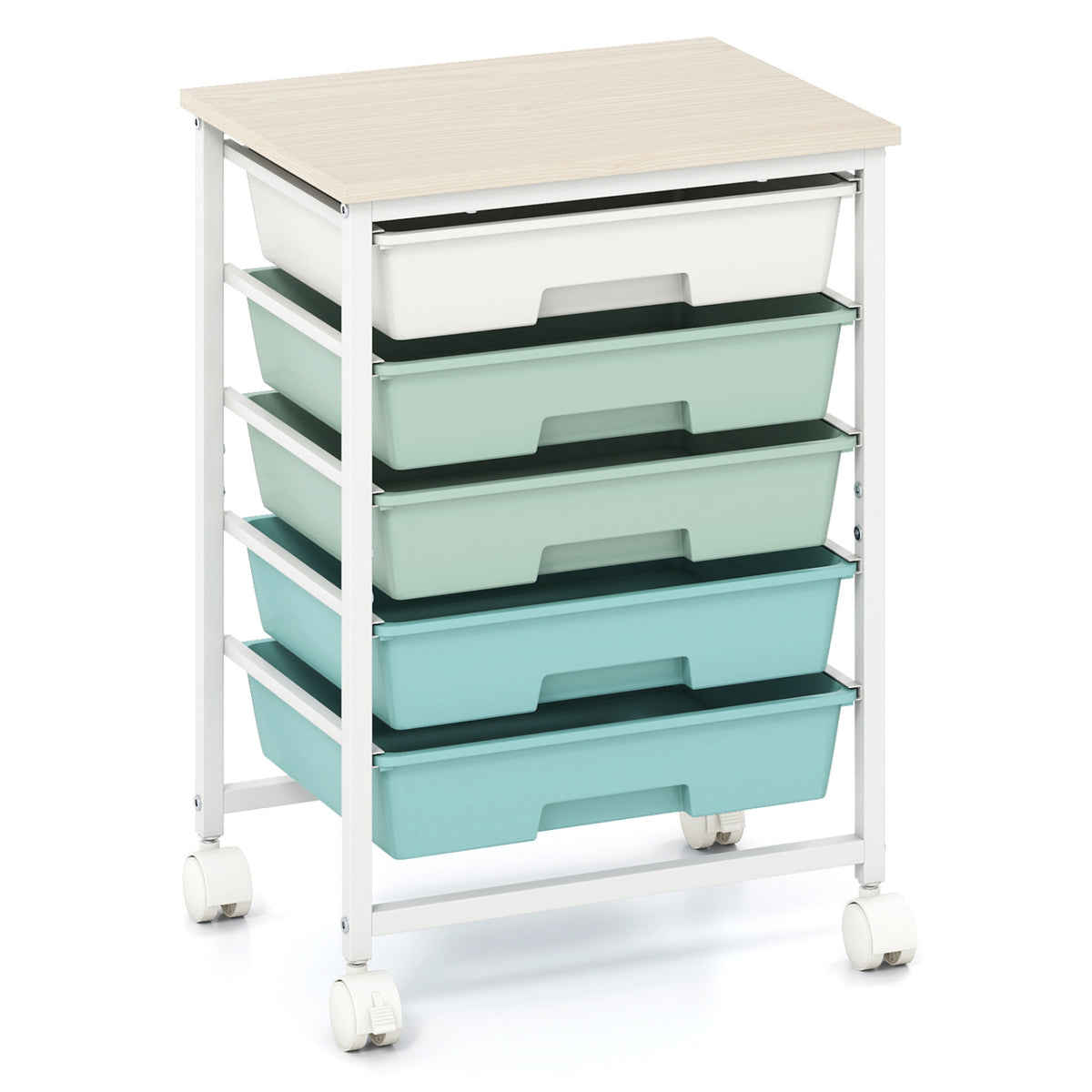 5-Drawer Rolling Cart with Wooden Tabletop and Metal Frame for Craft Room-Green Gradient view 4