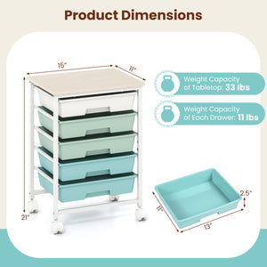5-Drawer Rolling Cart with Wooden Tabletop and Metal Frame for Craft Room-Green Gradient view 5