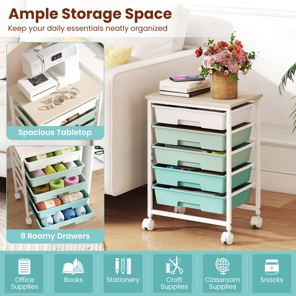 5-Drawer Rolling Cart with Wooden Tabletop and Metal Frame for Craft Room-Green Gradient view 6