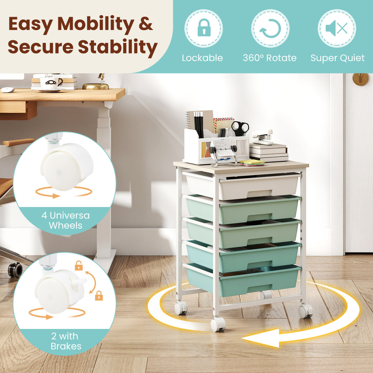 5-Drawer Rolling Cart with Wooden Tabletop and Metal Frame for Craft Room-Green Gradient view 7
