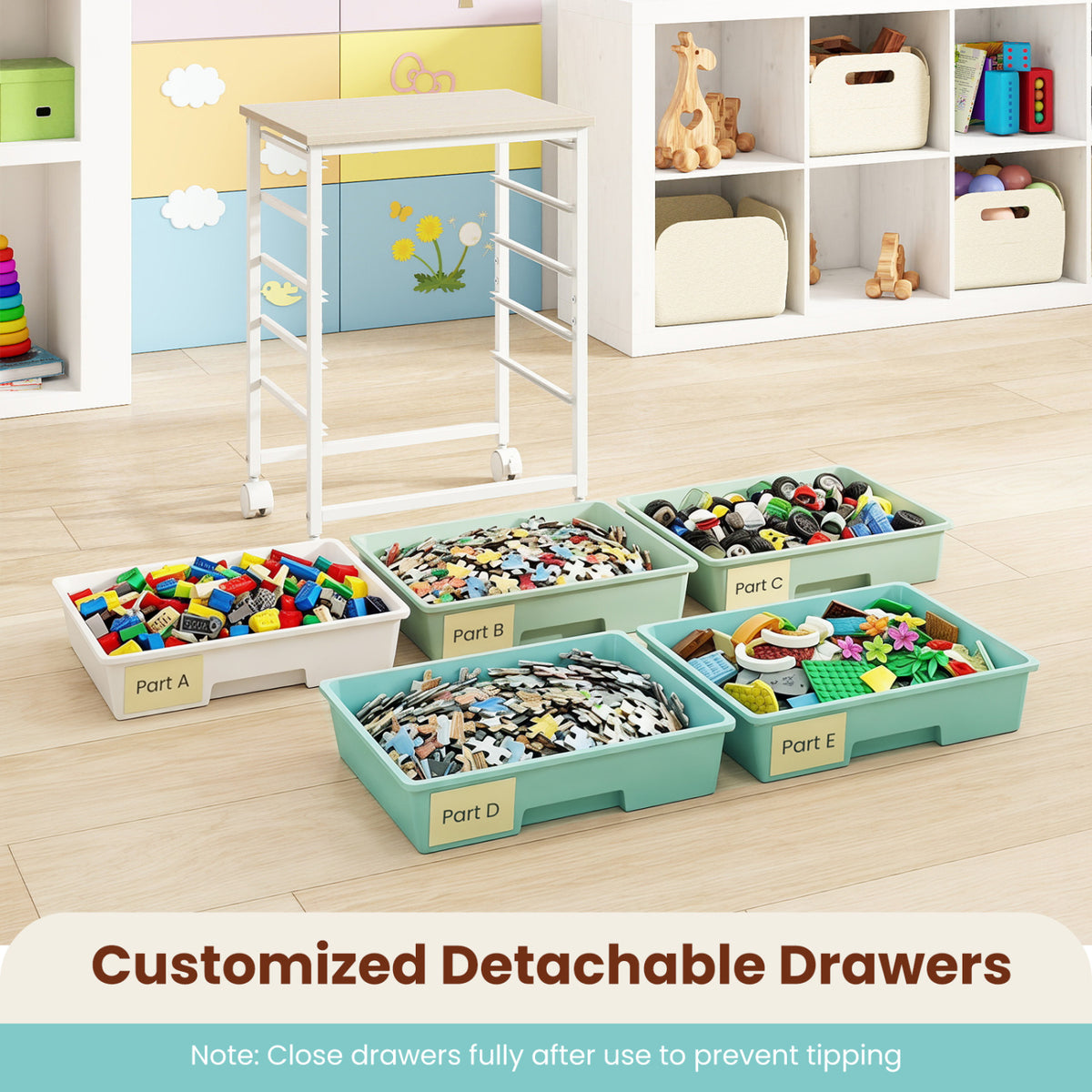 5-Drawer Rolling Cart with Wooden Tabletop and Metal Frame for Craft Room-Green Gradient view 8