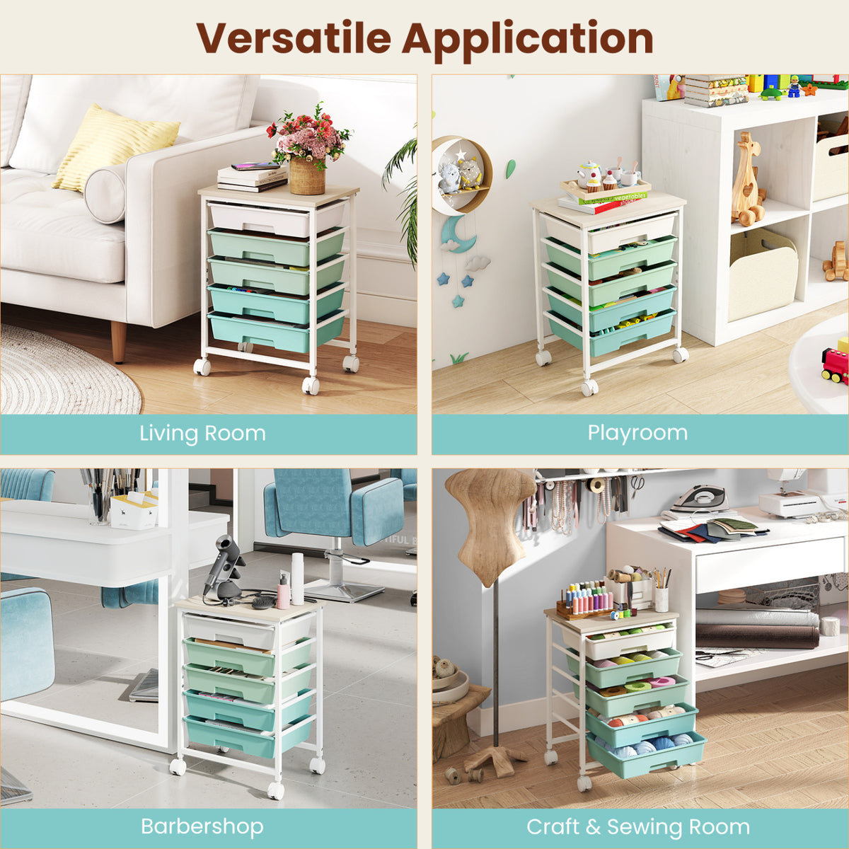 5-Drawer Rolling Cart with Wooden Tabletop and Metal Frame for Craft Room-Green Gradient view 9