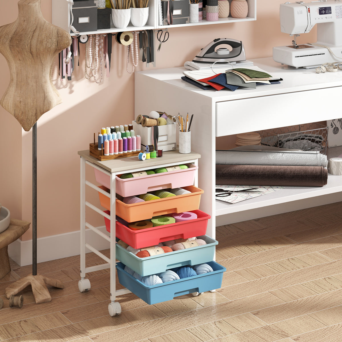 5-Drawer Rolling Cart with Wooden Tabletop and Metal Frame for Craft Room-Macaron view 3