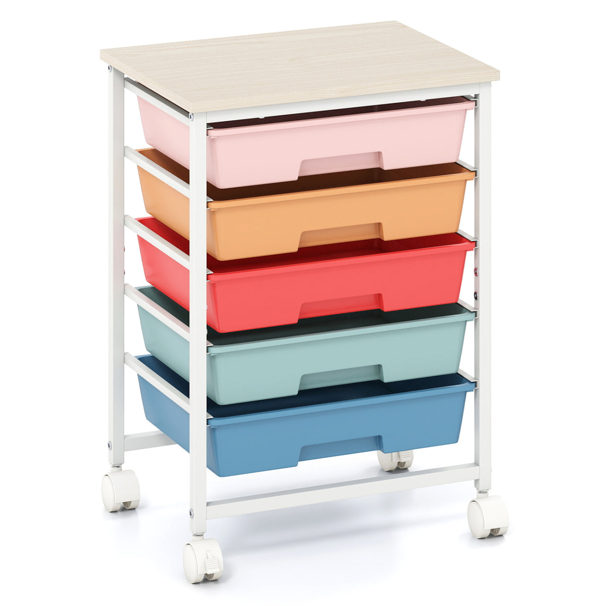 5-Drawer Rolling Cart with Wooden Tabletop and Metal Frame for Craft Room-Macaron view 4