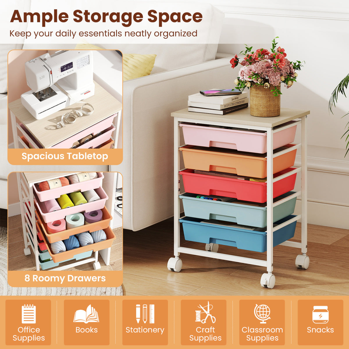 5-Drawer Rolling Cart with Wooden Tabletop and Metal Frame for Craft Room-Macaron view 6