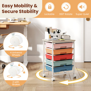 5-Drawer Rolling Cart with Wooden Tabletop and Metal Frame for Craft Room-Macaron view 7