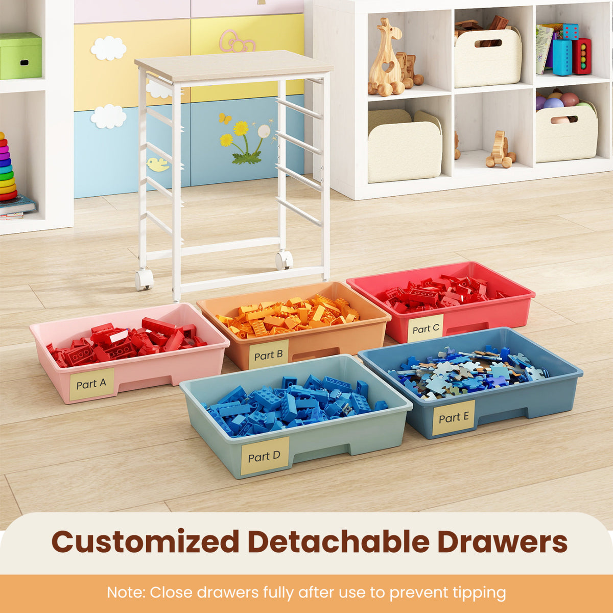 5-Drawer Rolling Cart with Wooden Tabletop and Metal Frame for Craft Room-Macaron view 8