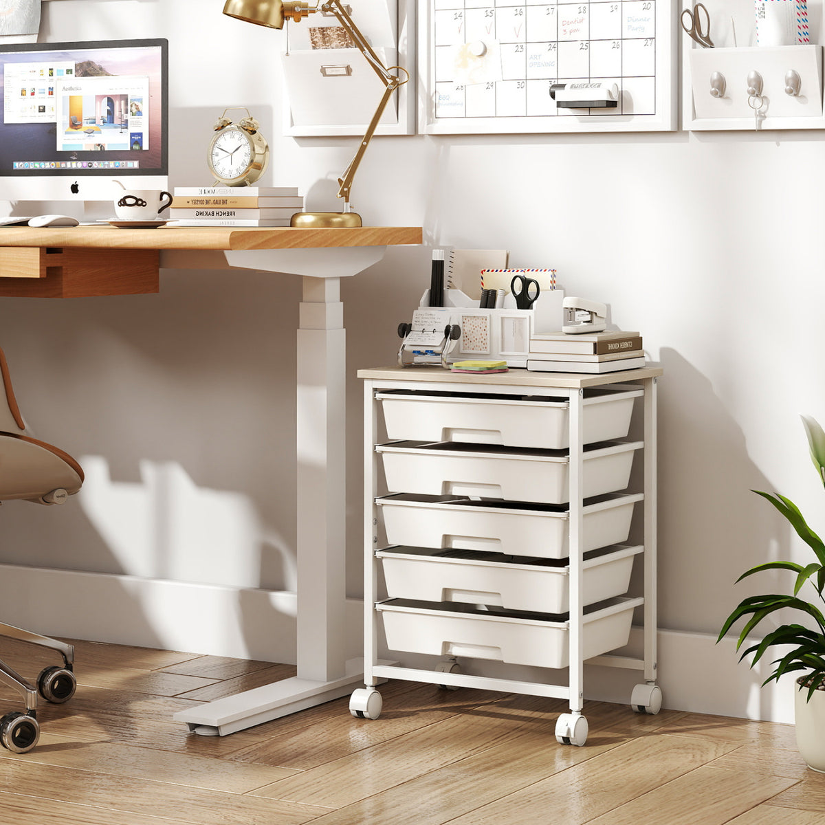 5-Drawer Rolling Cart with Wooden Tabletop and Metal Frame for Craft Room-White view 2