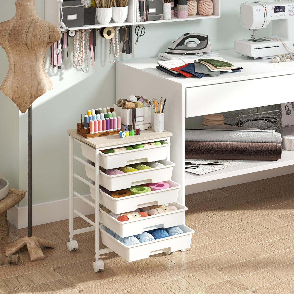 5-Drawer Rolling Cart with Wooden Tabletop and Metal Frame for Craft Room-White view 3