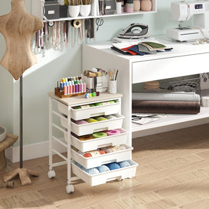 5-Drawer Rolling Cart with Wooden Tabletop and Metal Frame for Craft Room-White view 3
