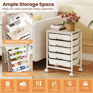 5-Drawer Rolling Cart with Wooden Tabletop and Metal Frame for Craft Room-White view 6