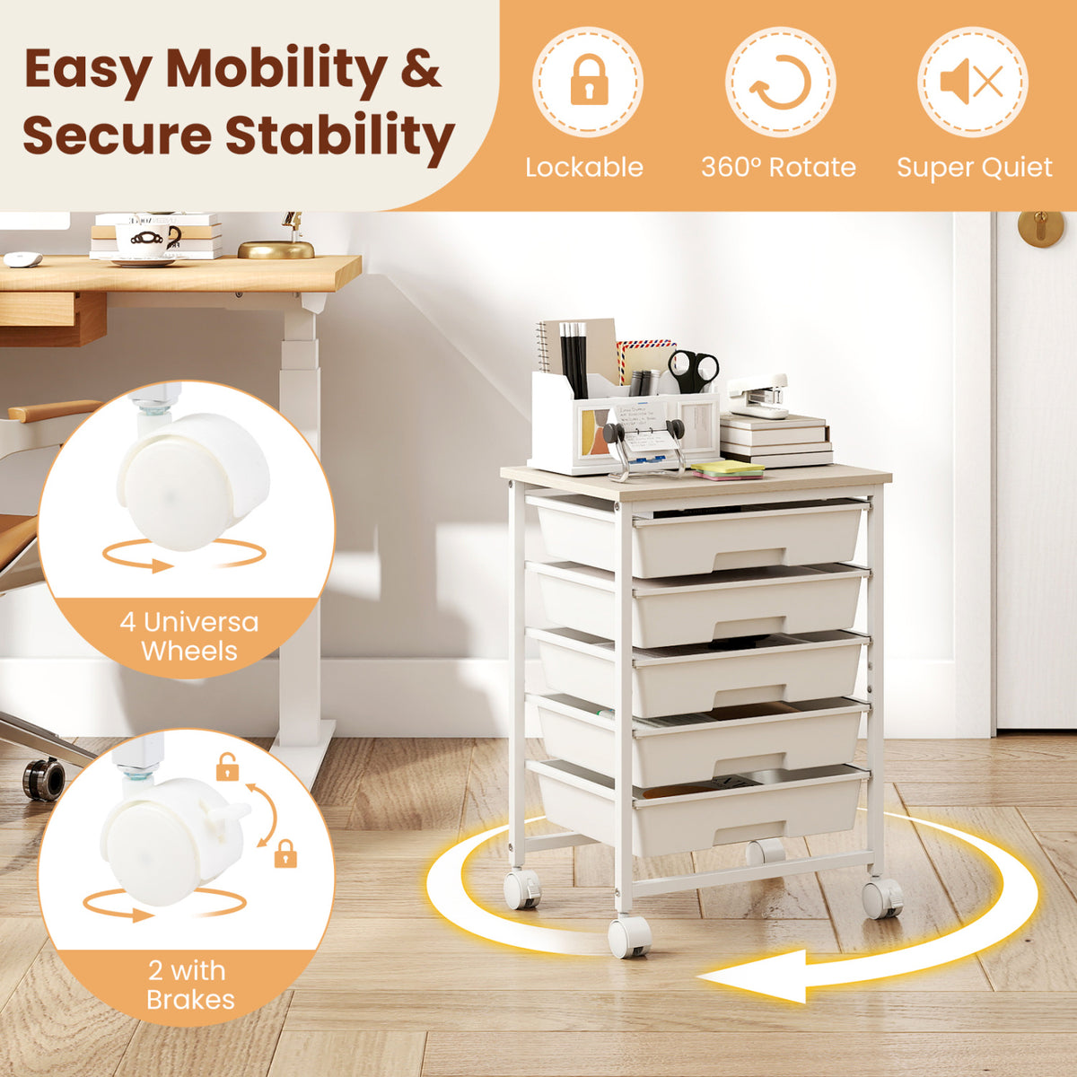 5-Drawer Rolling Cart with Wooden Tabletop and Metal Frame for Craft Room-White view 7