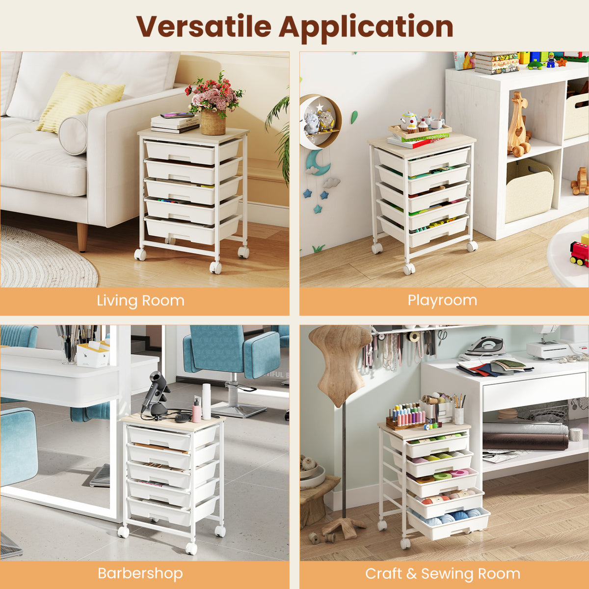 5-Drawer Rolling Cart with Wooden Tabletop and Metal Frame for Craft Room-White view 9