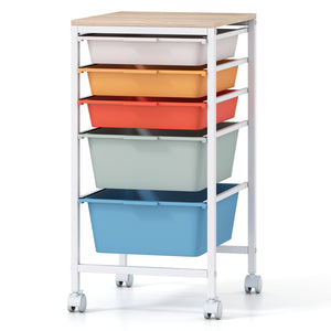 5-Drawer Rolling Storage Cart Mobile Utility Organizer with Wooden Tabletop and Lockable Wheels-Macaron view 4