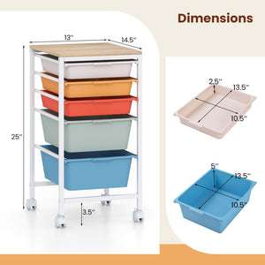 5-Drawer Rolling Storage Cart Mobile Utility Organizer with Wooden Tabletop and Lockable Wheels-Macaron view 5