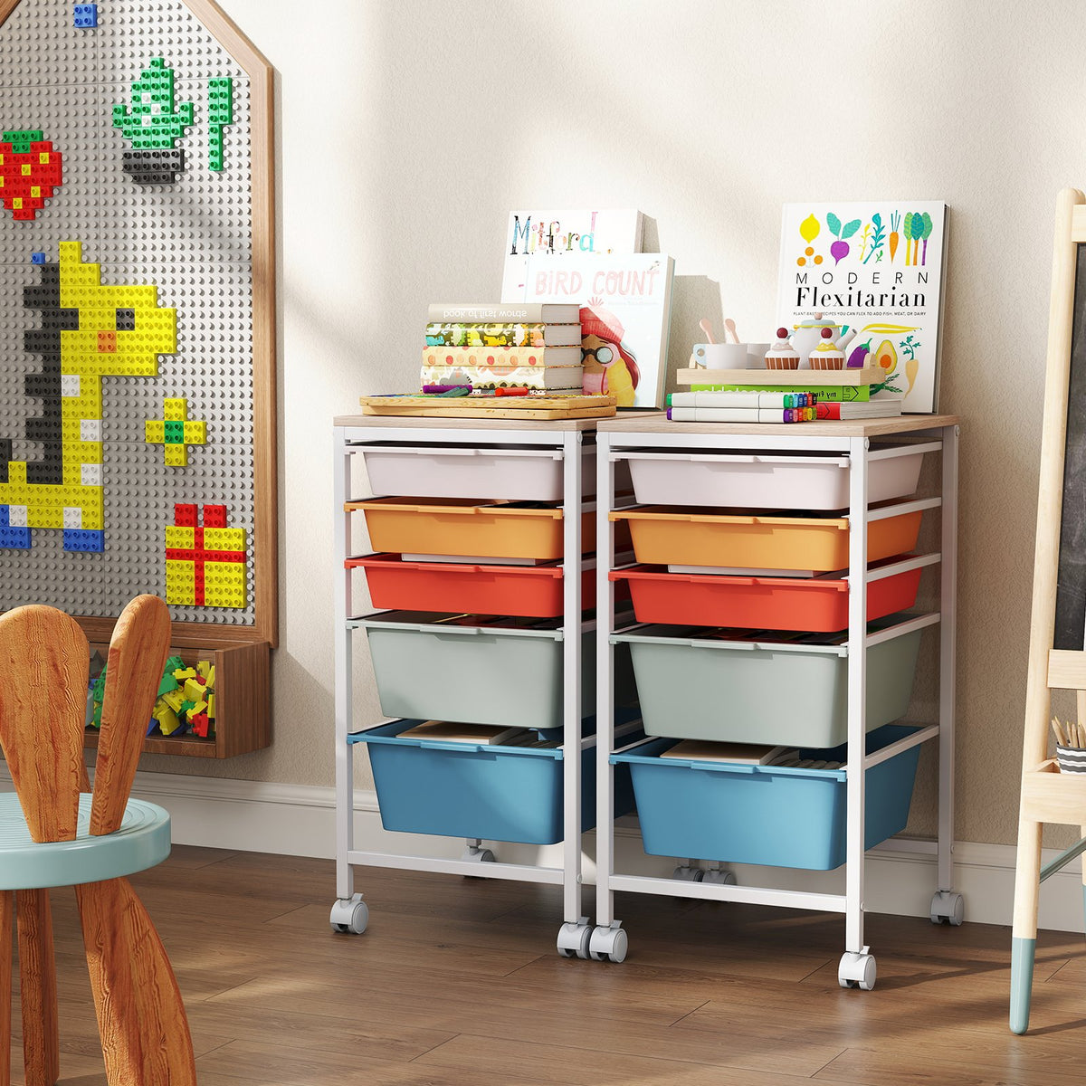 5-Drawer Rolling Storage Cart Mobile Utility Organizer with Wooden Tabletop and Lockable Wheels-Macaron view 6
