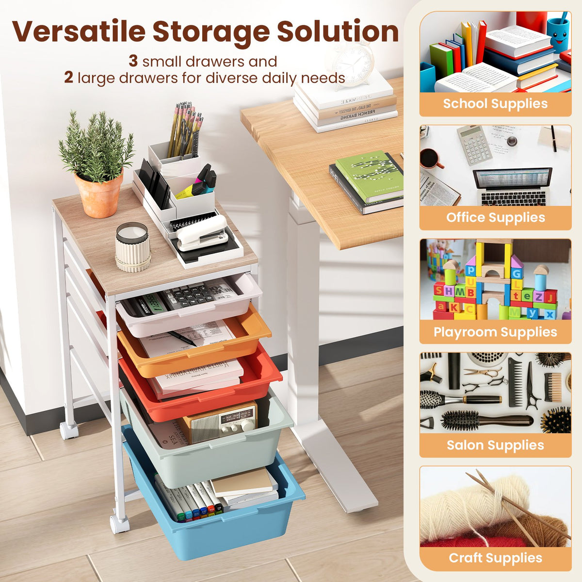 5-Drawer Rolling Storage Cart Mobile Utility Organizer with Wooden Tabletop and Lockable Wheels-Macaron view 7