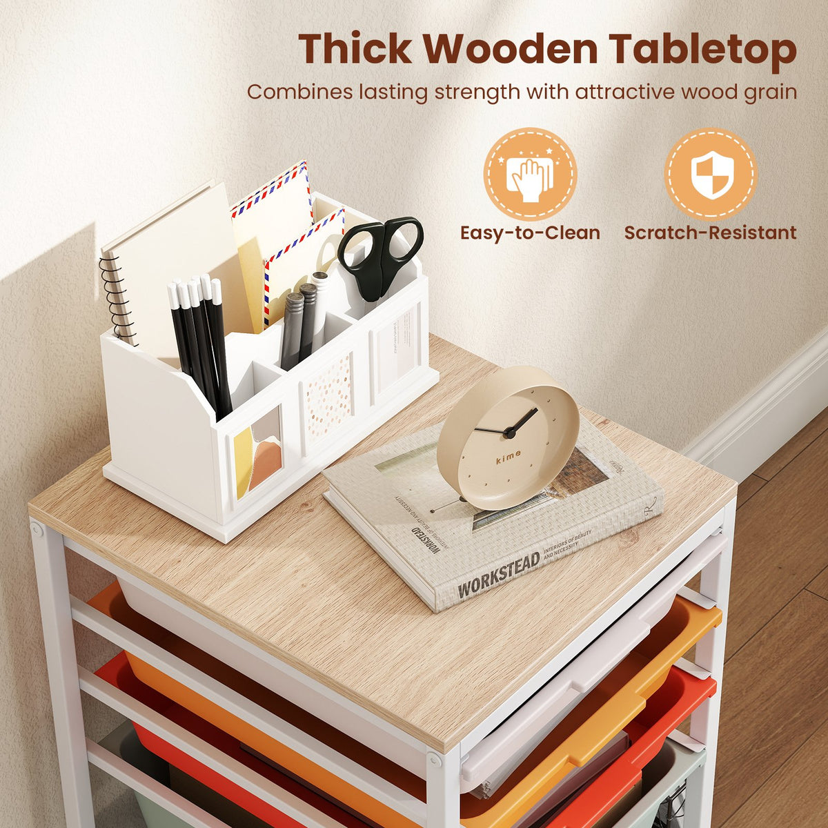 5-Drawer Rolling Storage Cart Mobile Utility Organizer with Wooden Tabletop and Lockable Wheels-Macaron view 8