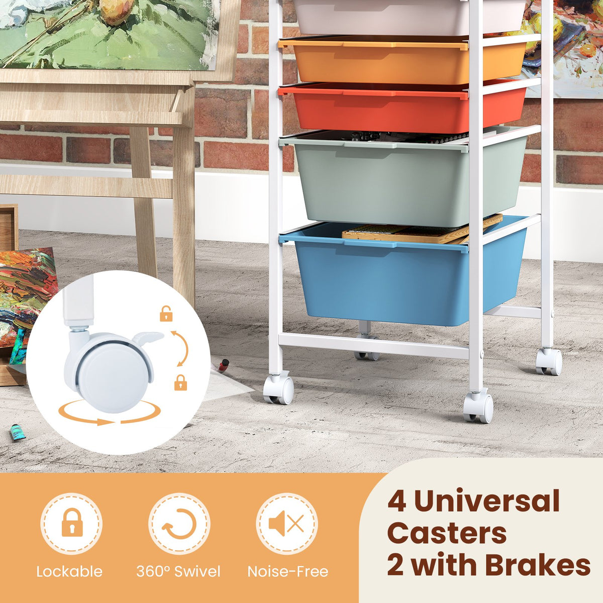 5-Drawer Rolling Storage Cart Mobile Utility Organizer with Wooden Tabletop and Lockable Wheels-Macaron view 9