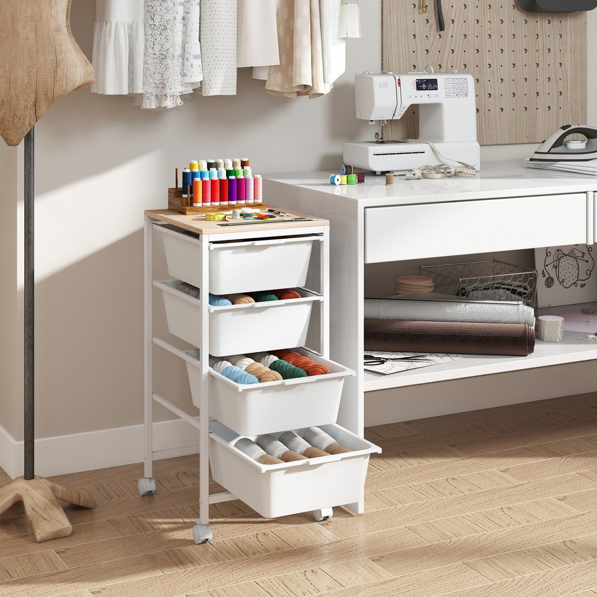 5-Drawer Rolling Storage Cart Mobile Utility Organizer with Wooden Tabletop and Lockable Wheels-White view 2