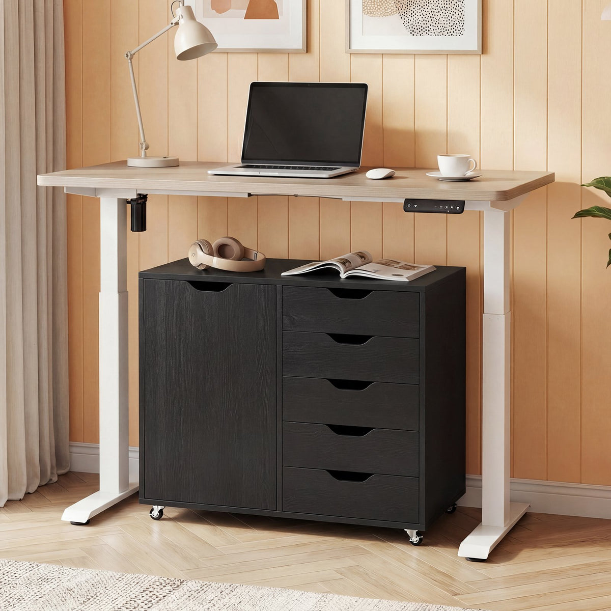 5-Drawer Rolling Storage Cart with Side Cabinet-Black view 2