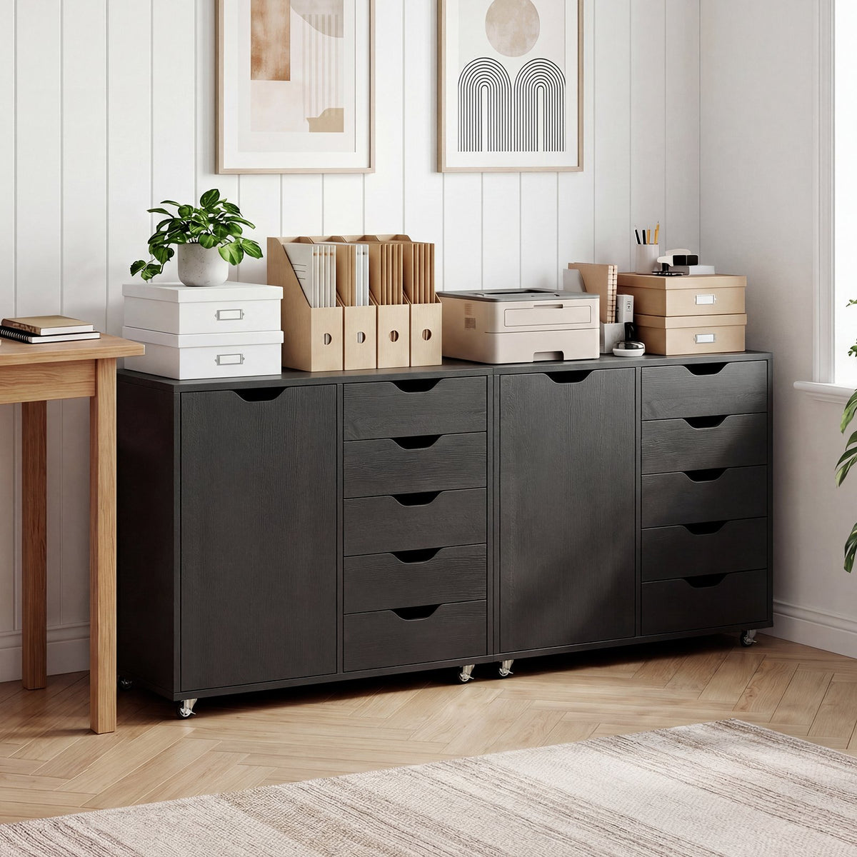 5-Drawer Rolling Storage Cart with Side Cabinet-Black view 3