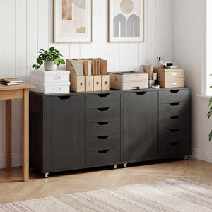 5-Drawer Rolling Storage Cart with Side Cabinet-Black view 3